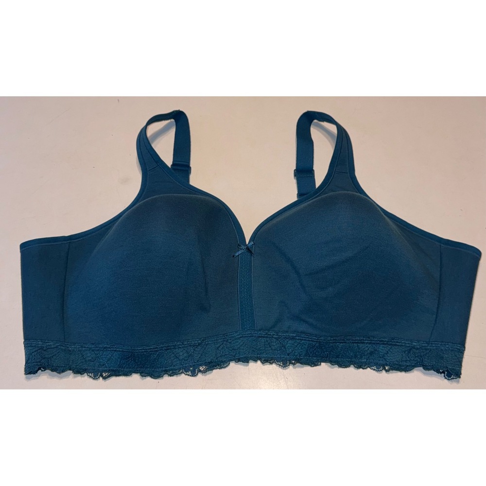 Cacique Wireless Lightly Lined Lace Trim Bra Teal Blue 48D Lane Bryant